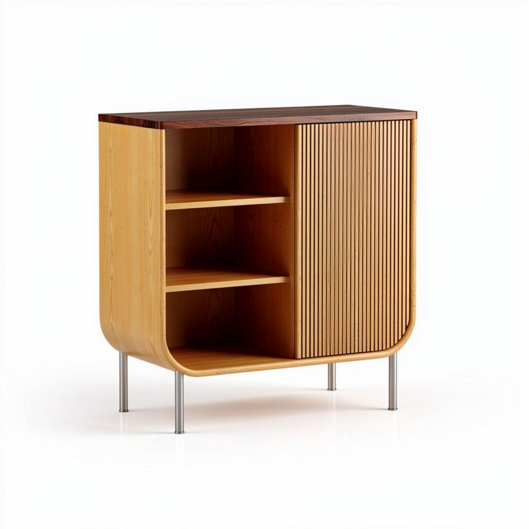 Wooden sideboard with slatted door and open shelving 60 x 40 x 80cm
