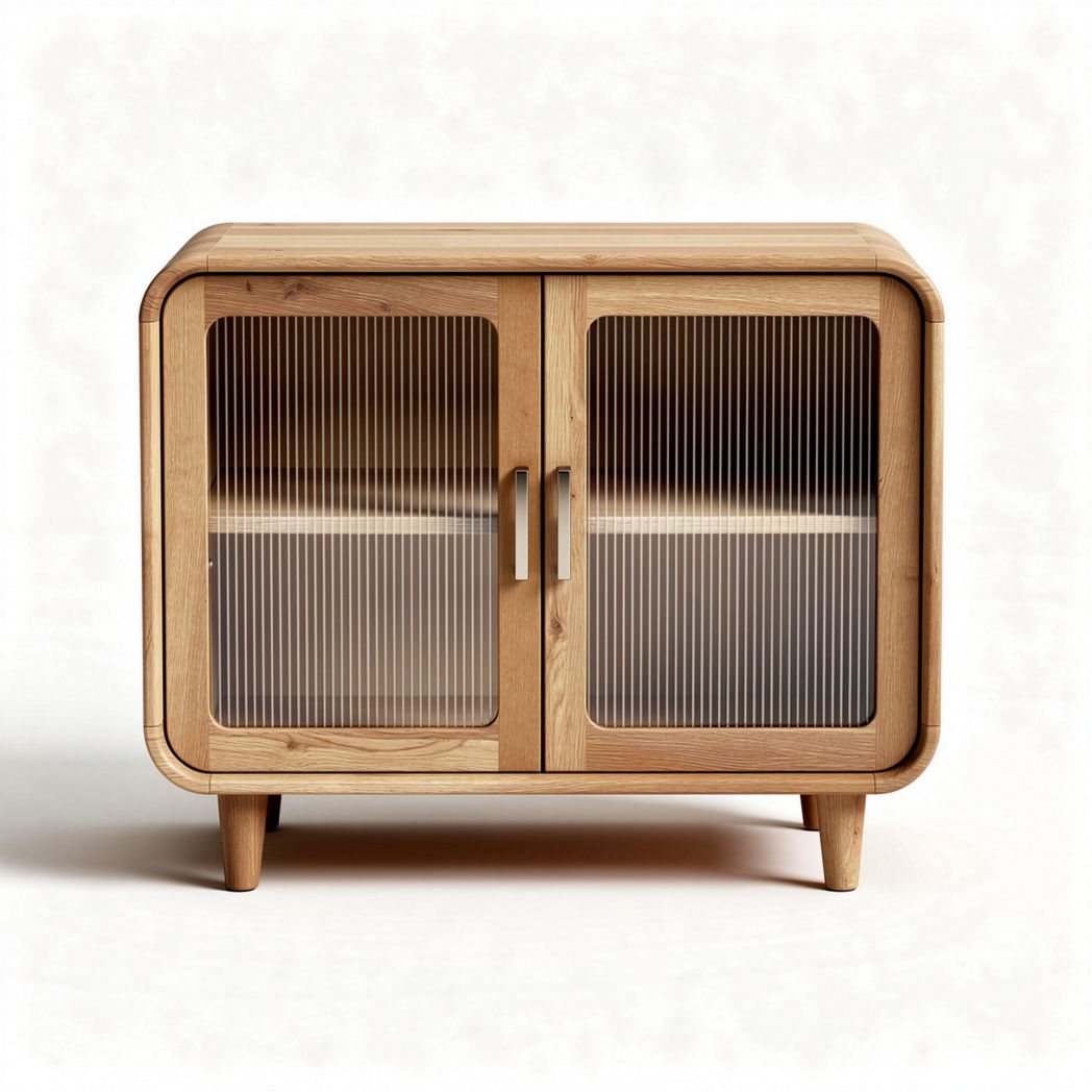 Wooden storage cabinet with glass sliding doors 80 x 40 x 70cm natural finish