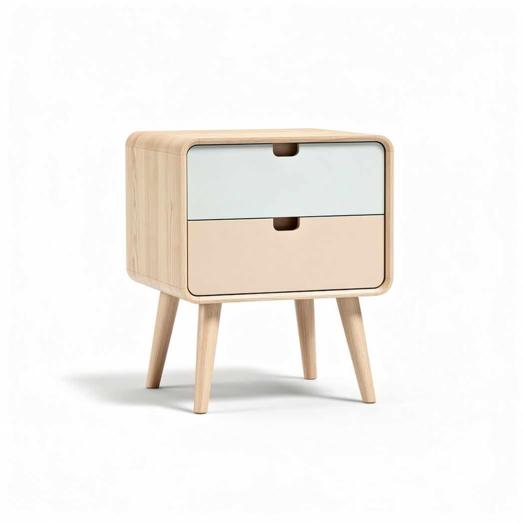 Wooden nightstand with two drawers in natural and pastel colors 40 x 40 x 50cm