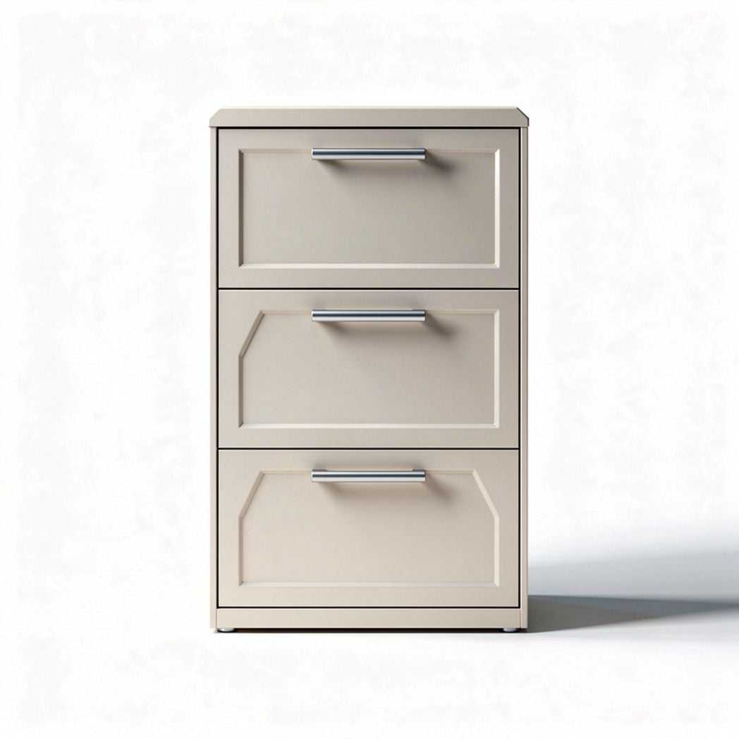 Three-drawer filing cabinet in beige with metal handles 45 x 30 x 75cm