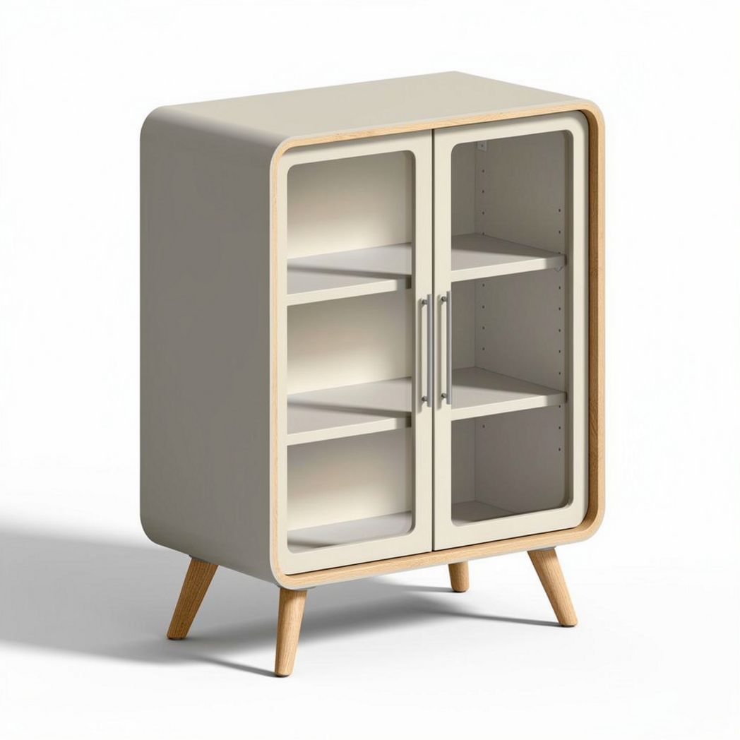 Glass door display cabinet in beige with wooden legs 60 x 40 x 90cm