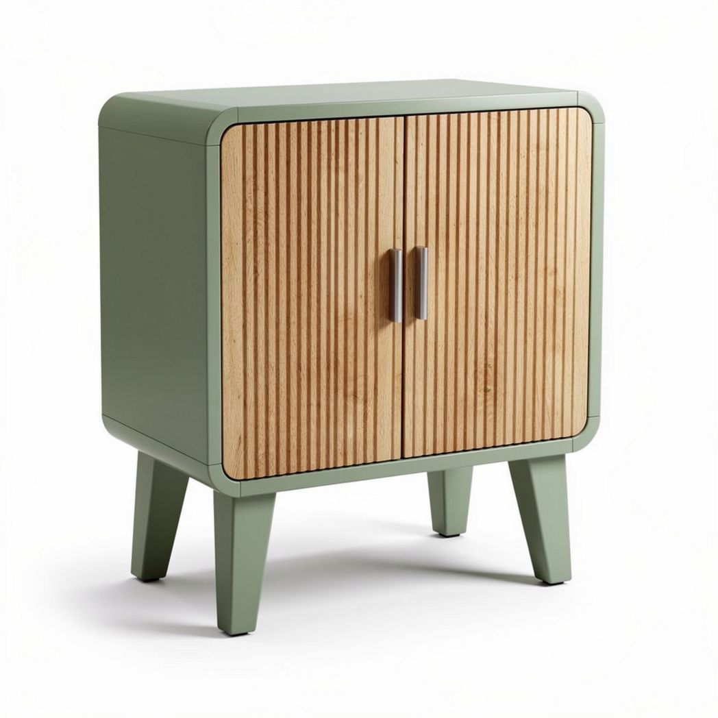 Green and wood accent nightstand with two doors and tapered legs 40 x 40 x 50cm