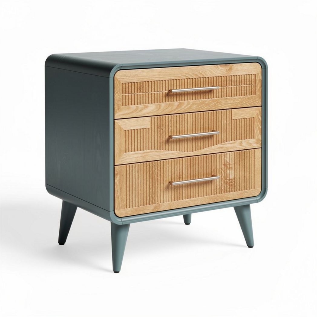 Wooden nightstand with three drawers in green and natural finish 45 x 40 x 60cm