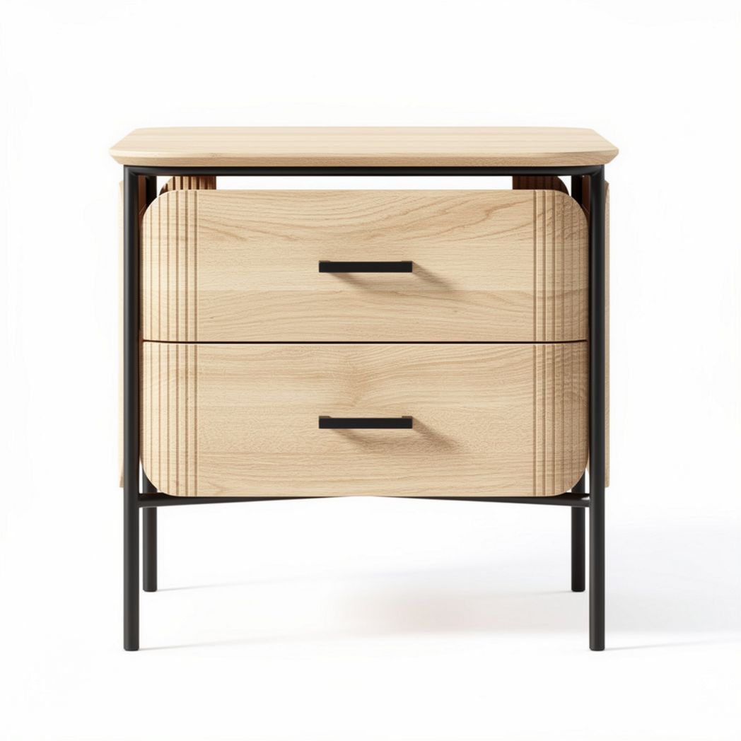 Wooden nightstand with two drawers and black metal legs 40 x 40 x 55cm